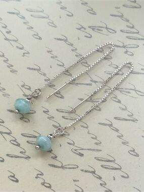 Sterling Silver Threader Earrings with Light Blue Larimar Gemstone Beads